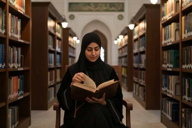 Saudi Woman in Abaya Reading in a Library