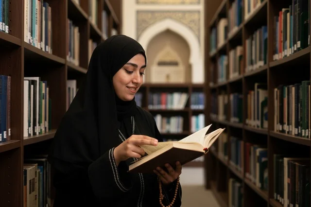 Saudi Woman in Abaya Reading Book in Library