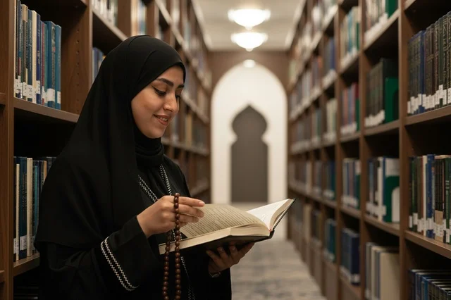 Saudi Woman in Abaya Reading Book in Library