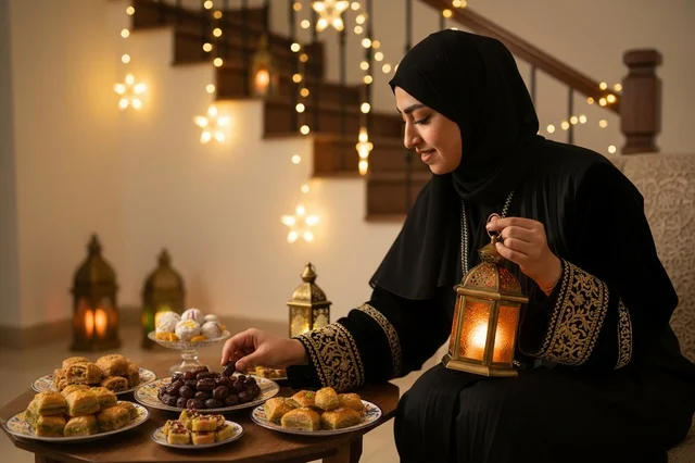 Emirati Woman with Ramadan Lantern and Traditional Sweets