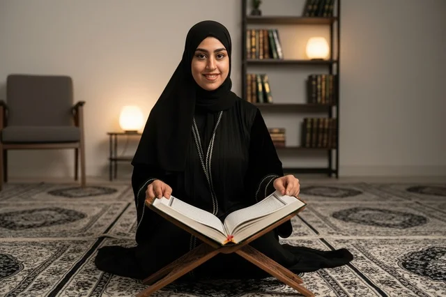 Emirati Woman Reading Holy Quran in Black Abaya