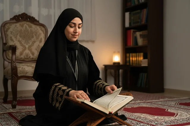 Saudi Woman Reading Holy Quran in Abaya Indoor