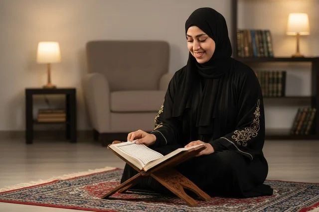 Emirati Woman Reading Holy Quran on Prayer Rug