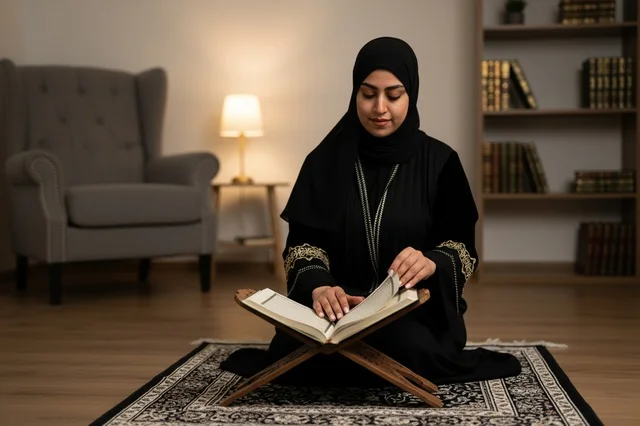 Saudi Woman Reading Quran on Prayer Rug Indoors
