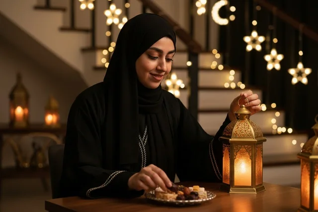امرأة عربية مع فانوس رمضان والتمر