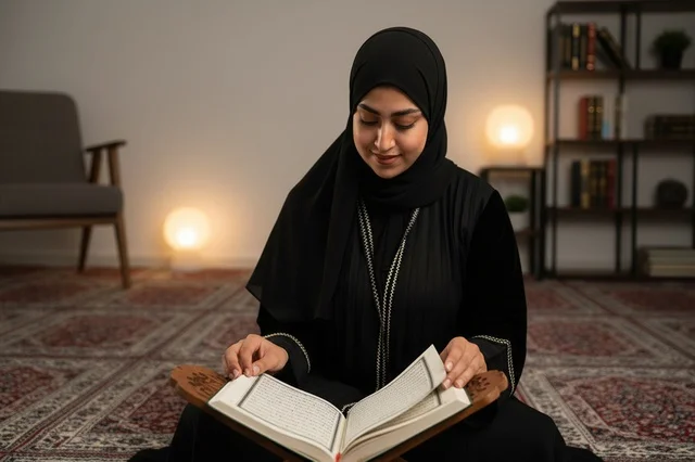 Saudi Woman in Abaya Reading Holy Quran Indoors