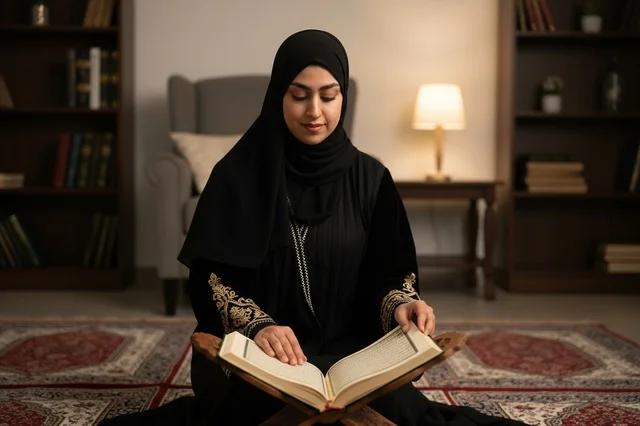 Saudi Woman Reading Holy Quran in Traditional Abaya