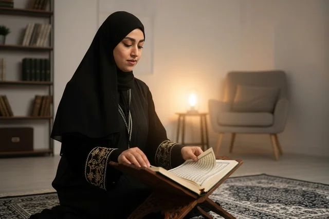 Saudi Woman Reading Holy Quran Indoors at Night