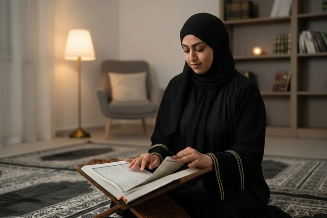 امرأة سعودية بالعباءة السوداء تقرأ القرآن في المنزل