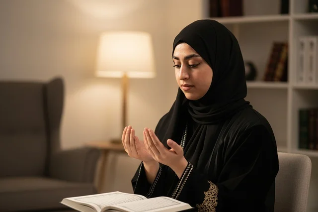 Muslim Saudi Woman Praying with Quran Indoors