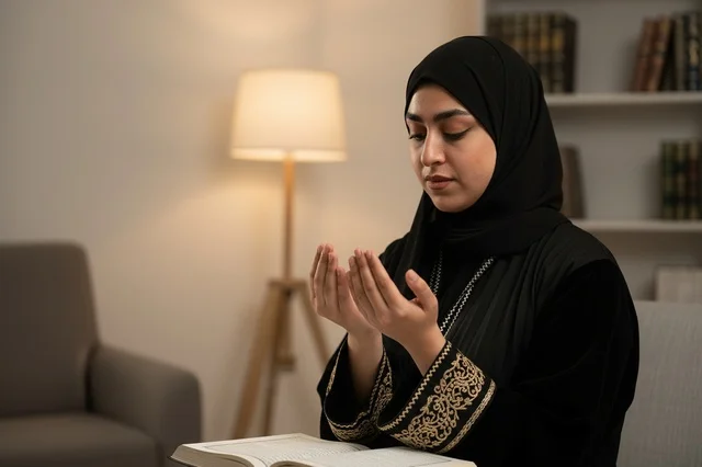 امرأة سعودية بالعباءة السوداء تؤدي الدعاء