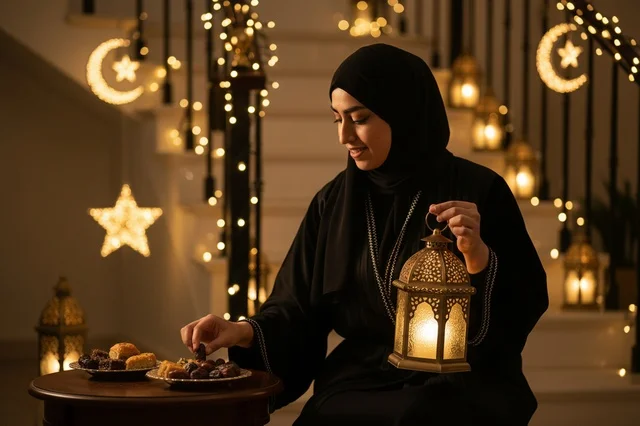 امرأة سعودية تحمل فانوس رمضان مع التمر