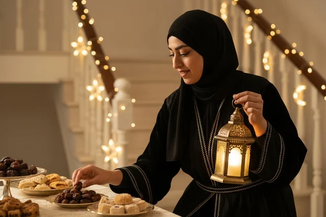 امرأة عربية مع فانوس رمضان وتمر امرأة عربية مع فانوس رمضان وتمر