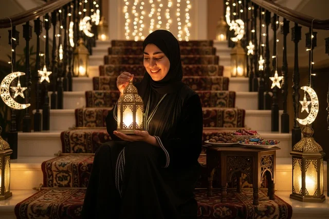 Emirati Woman with Ramadan Lantern on Decorated Stairs