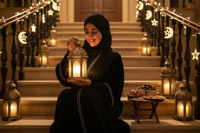 امرأة إماراتية مع فانوس رمضان التقليدي على الدرج