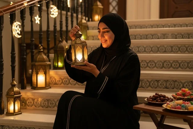 امرأة سعودية مع فانوس رمضان وديكور تقليدي