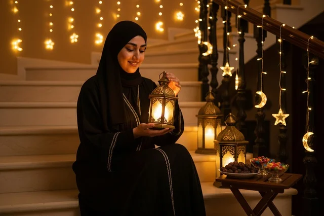 Emirati Woman Holding Traditional Ramadan Lantern