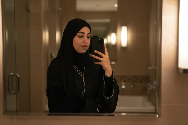 امرأة عربية بالعباءة تلتقط صورة سيلفي أمام المرآة