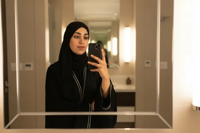 امرأة إماراتية بالعباءة السوداء تلتقط سيلفي أمام المرآة