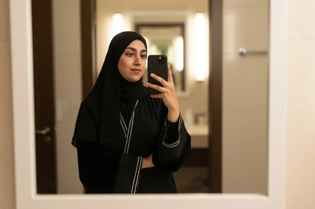امرأة سعودية بالعباءة السوداء تلتقط سيلفي في المرآة