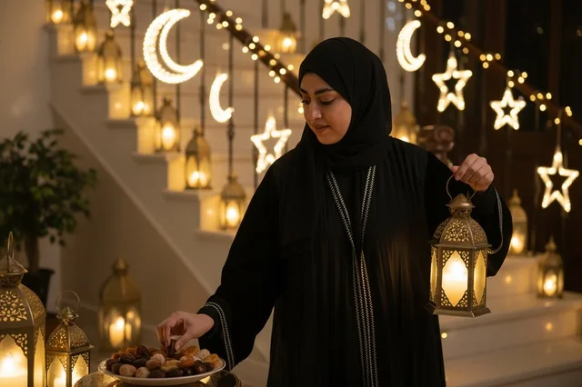 Emirati Woman with Ramadan Lantern and Dates