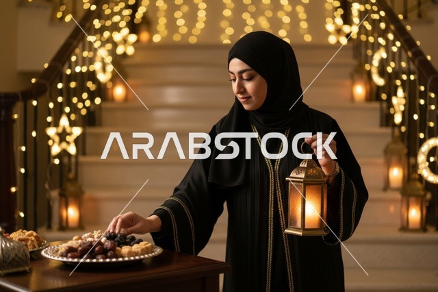امرأة عربية مع فانوس رمضان وطبق تمر في المنزل