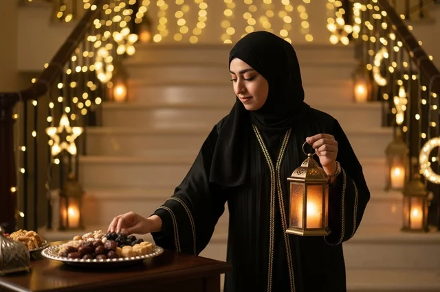 امرأة عربية مع فانوس رمضان وطبق تمر في المنزل