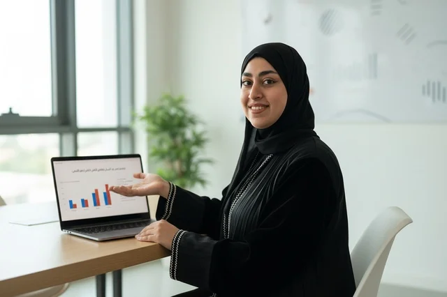 سيدة أعمال عربية تقدم بيانات مالية على اللابتوب
