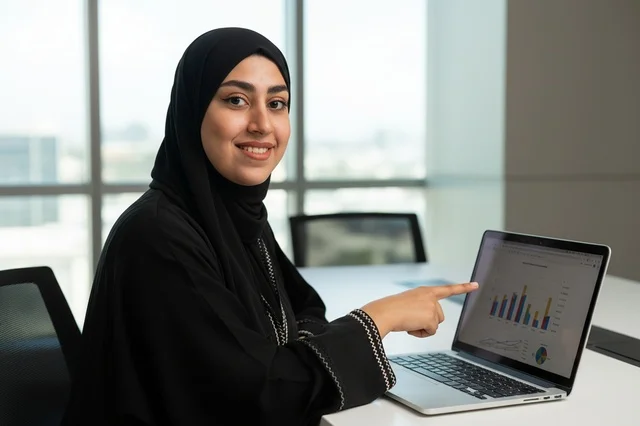 سيدة أعمال سعودية تشير إلى رسوم بيانية على المحمول