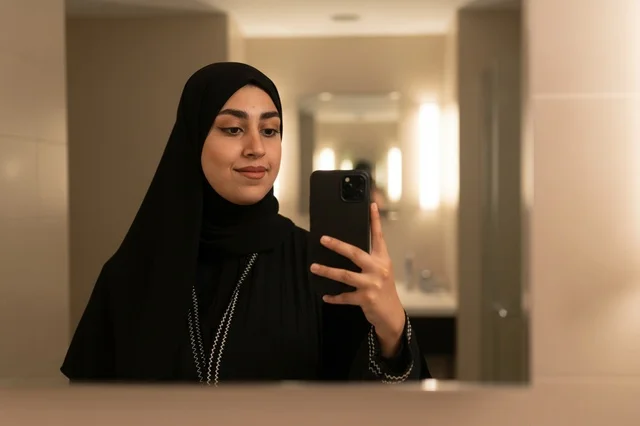 امرأة سعودية بالعباءة تلتقط سيلفي أمام المرآة