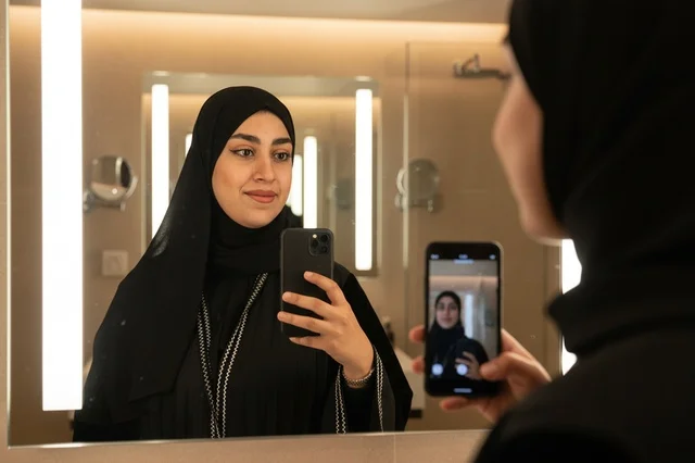 Saudi Woman in Abaya Taking Mirror Selfie Indoors