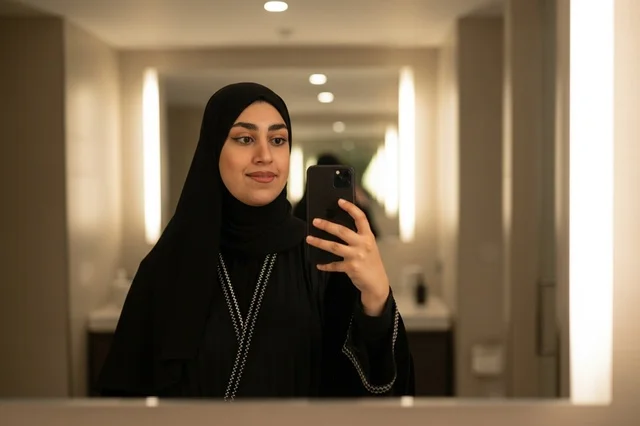 امرأة إماراتية بالعباءة تلتقط صورة سيلفي بالمرآة