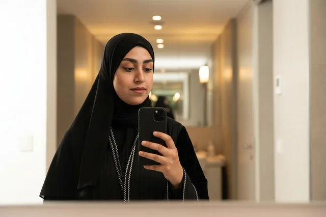 امرأة سعودية بالعباءة السوداء تلتقط صورة سيلفي