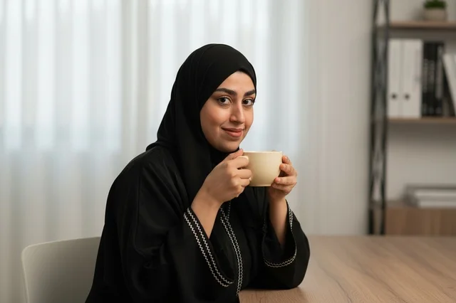 Arab Woman in Abaya Holding Coffee Mug in Office