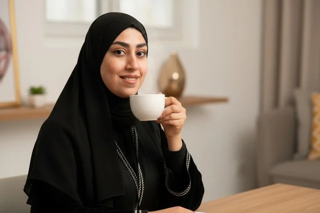 امرأة سعودية بالعباءة السوداء تشرب القهوة في المنزل