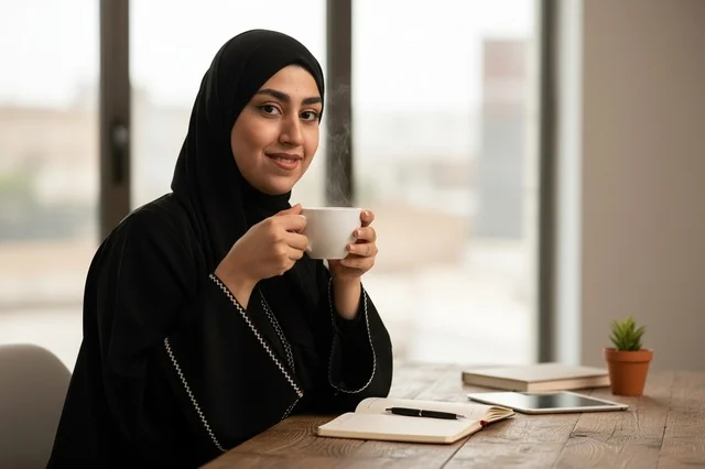 امرأة سعودية محجبة تمسك كوب قهوة في المكتب