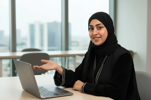 سيدة أعمال سعودية تستخدم الكمبيوتر في مكتب حديث