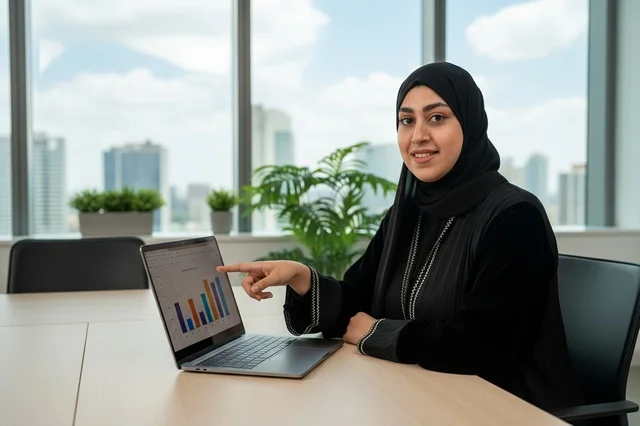 Emirati Businesswoman Pointing to Laptop Chart in Office