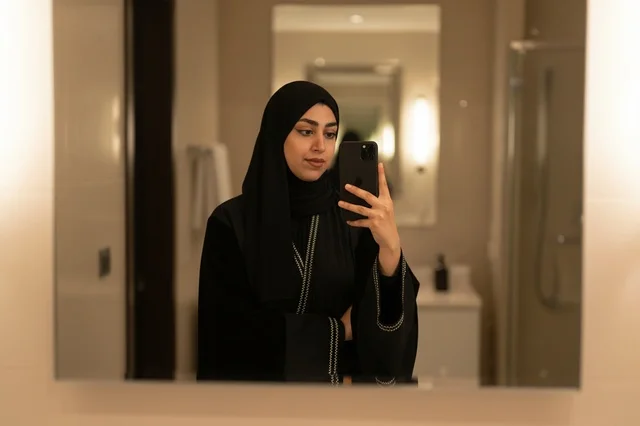 امرأة عربية بالعباءة تلتقط سيلفي أمام المرآة بالهاتف