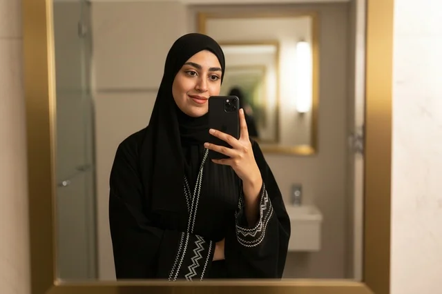 امرأة إماراتية بالعباءة تلتقط سيلفي أمام المرآة