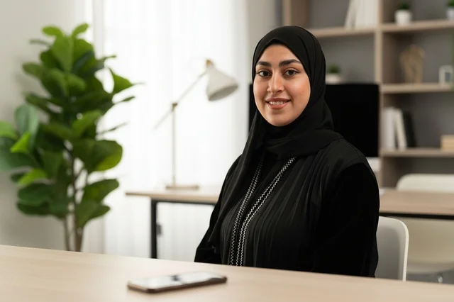 سيدة أعمال إماراتية بالعباءة السوداء في مكتب العمل