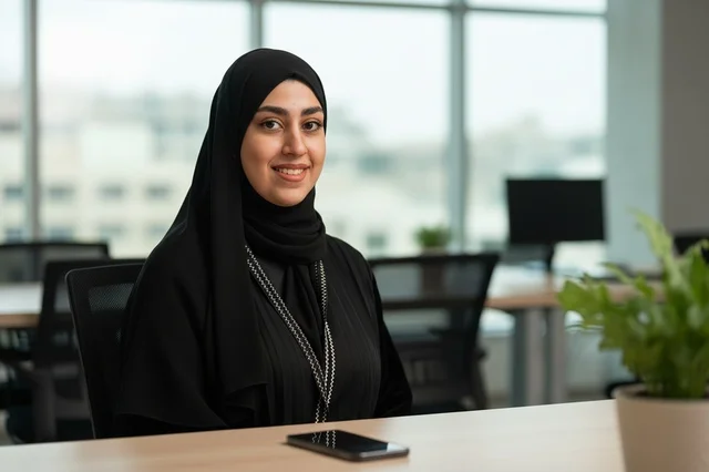 Emirati Businesswoman in Black Abaya at Office Desk