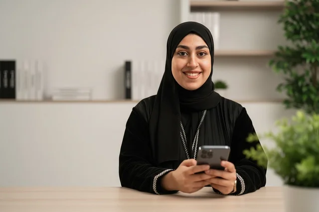 امرأة سعودية بالعباءة تستخدم الهاتف في المكتب