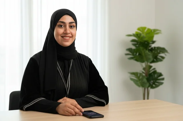 سيدة أعمال إماراتية بالعباءة في المكتب