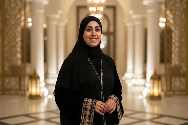 امرأة إماراتية بالعباءة السوداء في قاعة فاخرة