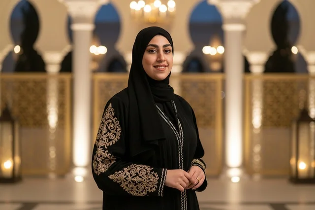 امرأة إماراتية بالعباءة السوداء في ساحة تقليدية
