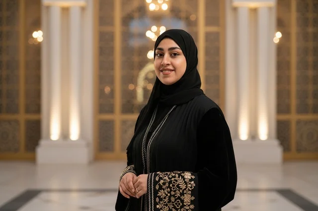 امرأة إماراتية بالعباءة السوداء داخل قاعة فاخرة