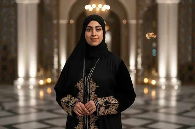 امرأة إماراتية بالعباءة التقليدية في قاعة فاخرة