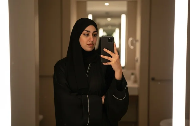 امرأة سعودية بالعباءة السوداء تلتقط صورة سيلفي