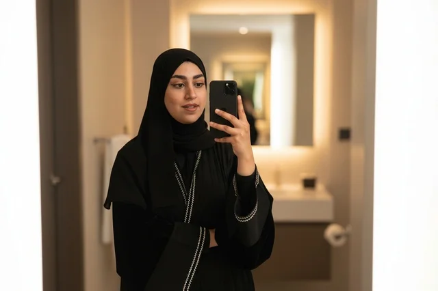 امرأة سعودية بالعباءة السوداء تلتقط سيلفي أمام المرآة